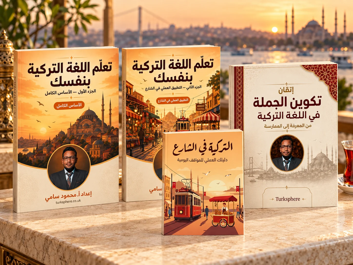 تصور توضيحي للكتب الأربعة المطبوعة: الأساس الكامل والتطبيق العملي وإتقان الجملة بحجم A4، ودليل الشارع بحجم A5